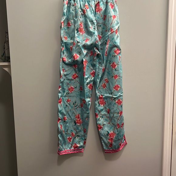 Blue Floral Drawstring Satin Pajama Bottoms - Picture 4 of 5